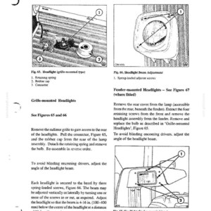 May include: A page from a technical manual titled Lubrication and Maintenance, featuring diagrams of headlight assemblies. It includes instructions for grille-mounted and fender-mounted headlights, with numbered parts and adjustment procedures.