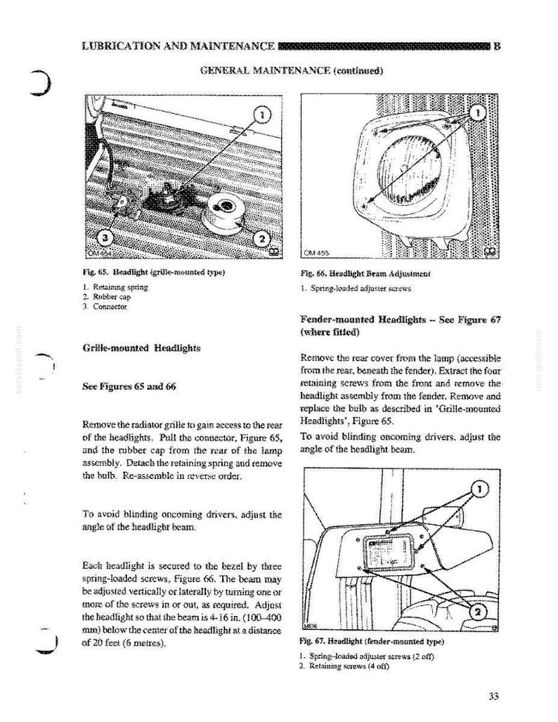 May include: A page from a technical manual titled Lubrication and Maintenance, featuring diagrams of headlight assemblies. It includes instructions for grille-mounted and fender-mounted headlights, with numbered parts and adjustment procedures.