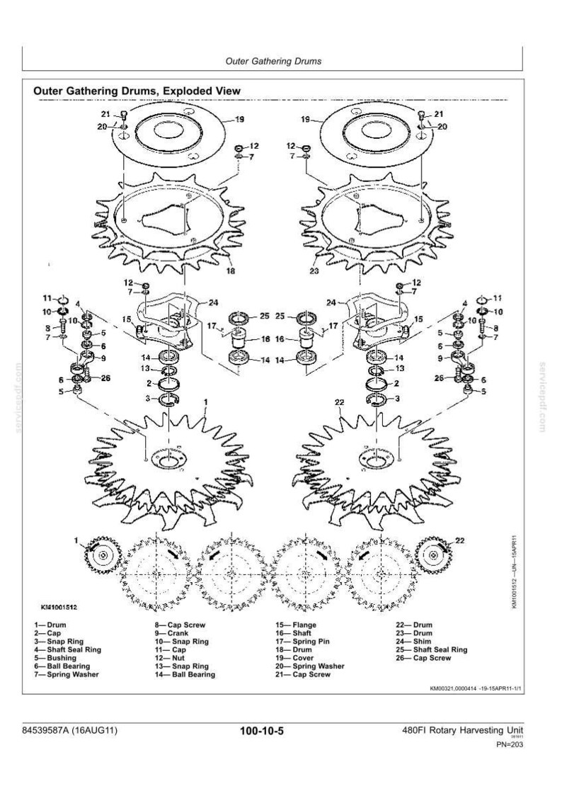 May include: An exploded view technical diagram titled Outer Gathering Drums, showing mechanical components labeled 1 through 26. The black and white line drawing illustrates the assembly of drums, shafts, bearings, and fasteners for a 480FI unit.