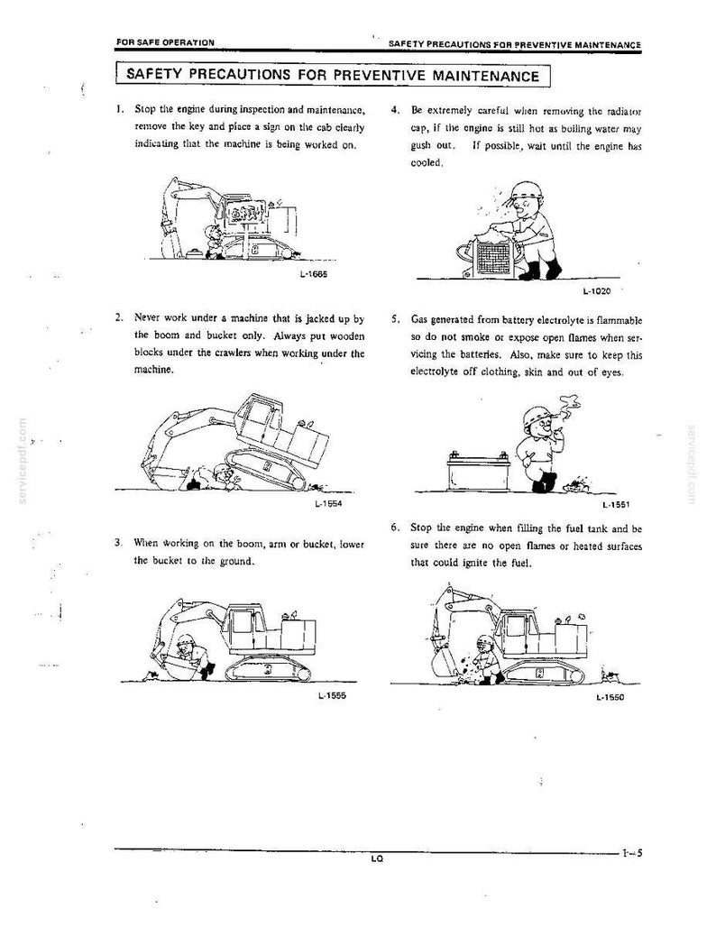May include: A technical document page titled SAFETY PRECAUTIONS FOR PREVENTIVE MAINTENANCE featuring six numbered instructional sections with black and white line drawings illustrating safety procedures for operating and maintaining heavy machinery.