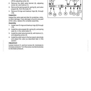 May include: Diagram of a relief valve with numbered components, including a spring, poppet, and bonnet. Text details disassembly, inspection, assembly, and adjustment procedures for the hydraulic system.