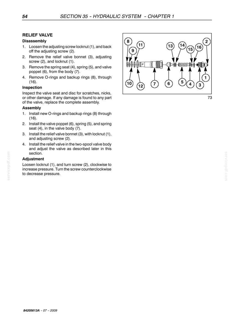 May include: Diagram of a relief valve with numbered components, including a spring, poppet, and bonnet. Text details disassembly, inspection, assembly, and adjustment procedures for the hydraulic system.