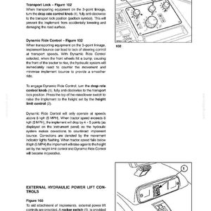 Op de afbeelding: Een pagina uit een technisch handboek getiteld Field Operation Section 3, met twee zwart-wit lijntekeningen. Figuur 102 toont een bedieningspaneel met genummerde knoppen voor transportvergrendeling. Figuur 103 toont een tuimelschakelaar.
