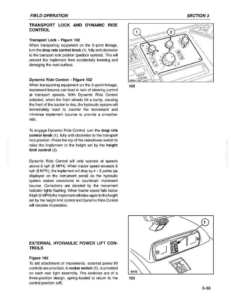 Op de afbeelding: Een pagina uit een technisch handboek getiteld Field Operation Section 3, met twee zwart-wit lijntekeningen. Figuur 102 toont een bedieningspaneel met genummerde knoppen voor transportvergrendeling. Figuur 103 toont een tuimelschakelaar.