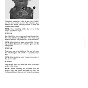 May include: Diagram from a service manual showing the disassembly and reassembly of a hydraulic swing motor. The image includes numbered steps, labels, and notes for maintenance procedures. The text includes instructions for alignment, screw removal, and oil protection.