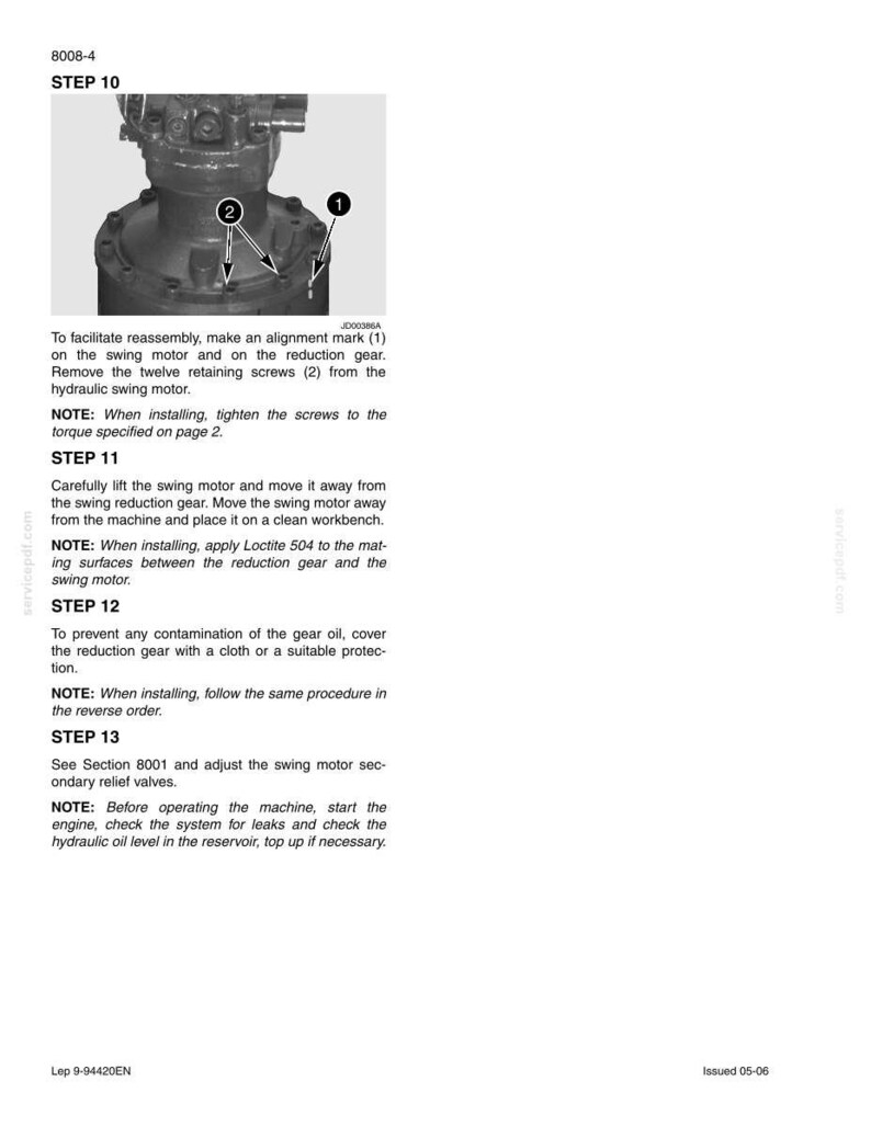May include: Diagram from a service manual showing the disassembly and reassembly of a hydraulic swing motor. The image includes numbered steps, labels, and notes for maintenance procedures. The text includes instructions for alignment, screw removal, and oil protection.