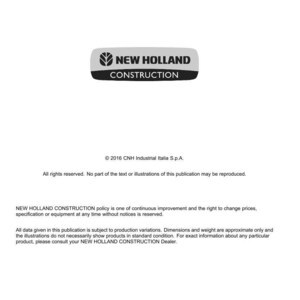 May include: A white document with the "NEW HOLLAND CONSTRUCTION" logo in a gray and black oval. The document includes text about technical publications and tools, copyright information, and a disclaimer about product variations.