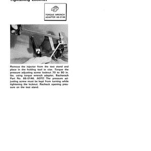 May include: Black and white image of injector adjustments. Text includes "Tightening Locknut" and "INJECTOR ADJUSTMENTS". A torque wrench adapter is shown. Instructions detail removing the injector and tightening the locknut to 70-80 in. lbs.