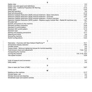 May include: A black and white index page from a technical manual, listing topics alphabetically from R to W, including safety rules, Selective Catalytic Reduction systems, telematics, torque charts, and window maintenance with corresponding page numbers.