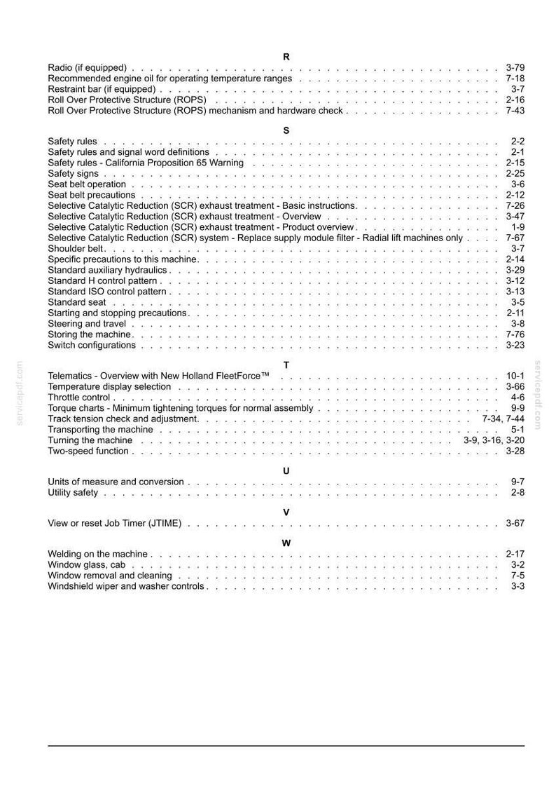 May include: A black and white index page from a technical manual, listing topics alphabetically from R to W, including safety rules, Selective Catalytic Reduction systems, telematics, torque charts, and window maintenance with corresponding page numbers.