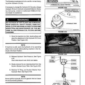 以下が含まれることがあります： Kobelco機械の油圧オイル交換手順を詳述した「Section IV - MAINTENANCE」というタイトルの技術マニュアルページ。図4.92から4.95まで、機械の配置、タンクの減圧、部品の取り外し手順を示す図解が含まれています。