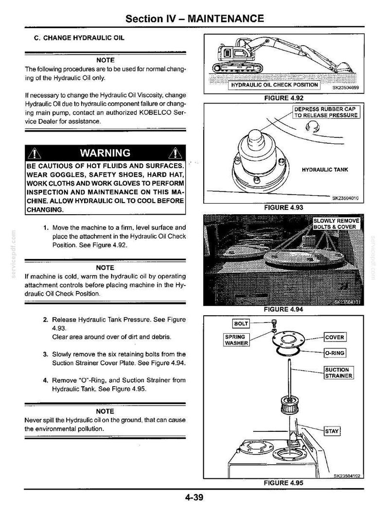以下が含まれることがあります： Kobelco機械の油圧オイル交換手順を詳述した「Section IV - MAINTENANCE」というタイトルの技術マニュアルページ。図4.92から4.95まで、機械の配置、タンクの減圧、部品の取り外し手順を示す図解が含まれています。