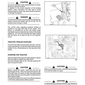 Pu&ograve; includere: Una pagina di manuale tecnico intitolata ACCESSORIES, TRAILER HYDRAULIC BRAKE CONTROL VALVE, contenente istruzioni testuali e due disegni al tratto in bianco e nero numerati 127 e 128, che illustrano i collegamenti dei pedali e un gancio traino.