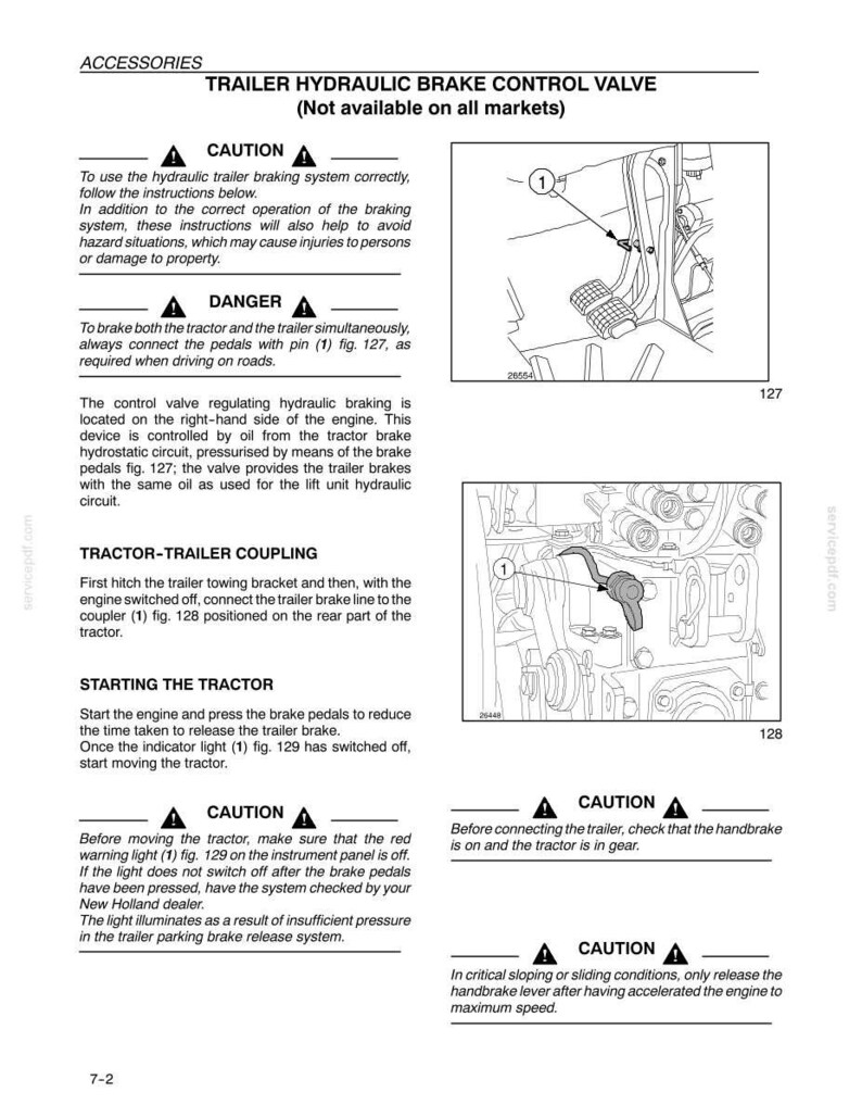 Pu&ograve; includere: Una pagina di manuale tecnico intitolata ACCESSORIES, TRAILER HYDRAULIC BRAKE CONTROL VALVE, contenente istruzioni testuali e due disegni al tratto in bianco e nero numerati 127 e 128, che illustrano i collegamenti dei pedali e un gancio traino.