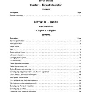 Puede incluir: Una p&aacute;gina impresa de un manual con los t&iacute;tulos "SECTION 00 - GENERAL INFORMATION" y "SECTION 10 - ENGINE." El &iacute;ndice enumera temas como "General Instructions", "Engine. Removal-Installation" y "Coolant pump. Overhaul."