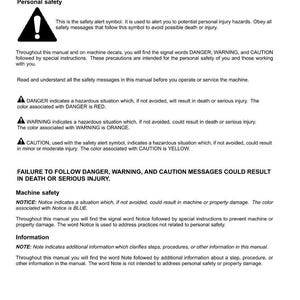 May include: A white document with black text detailing safety rules and warnings. The document includes the safety alert symbol, and the words DANGER, WARNING, CAUTION, and NOTICE. It also includes the text "FAILURE TO FOLLOW DANGER, WARNING, AND CAUTION MESSAGES COULD RESULT IN DEATH OR SERIOUS INJURY."