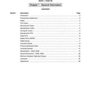 May include: A page from a manual titled "SECTION 00 - GENERAL INFORMATION" with the text "Chapter 1 - General Information." The table of contents lists sections like "Introduction," "Safety," and "Specifications - DX23, DX26."