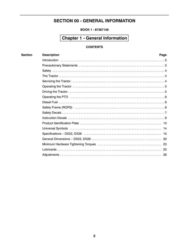 May include: A page from a manual titled "SECTION 00 - GENERAL INFORMATION" with the text "Chapter 1 - General Information." The table of contents lists sections like "Introduction," "Safety," and "Specifications - DX23, DX26."