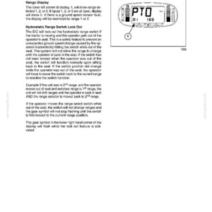 May include: Page from a manual detailing the electrical system of a tractor. The image includes a diagram of a display with PTO, gear, and speed indicators. Text explains features like range display and hydrostatic range switch lock out.