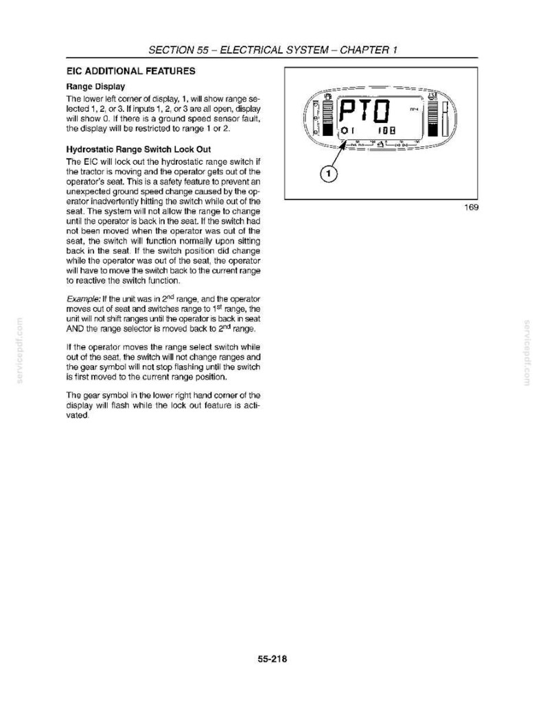 May include: Page from a manual detailing the electrical system of a tractor. The image includes a diagram of a display with PTO, gear, and speed indicators. Text explains features like range display and hydrostatic range switch lock out.