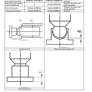 May include: Diagram of hydraulic swing system part replacement standards. Includes measurements in inches for clearances, shoe thickness, and friction plate thickness. The diagram shows piston and cylinder details.