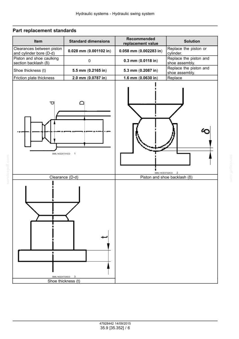 May include: Diagram of hydraulic swing system part replacement standards. Includes measurements in inches for clearances, shoe thickness, and friction plate thickness. The diagram shows piston and cylinder details.