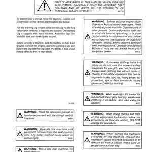 Puede incluir: Una p&aacute;gina del manual de seguridad con advertencias e instrucciones. La p&aacute;gina incluye s&iacute;mbolos de alerta de seguridad y texto sobre la prevenci&oacute;n de lesiones, el funcionamiento de la maquinaria y el uso de equipos de protecci&oacute;n. El texto es negro sobre fondo blanco.