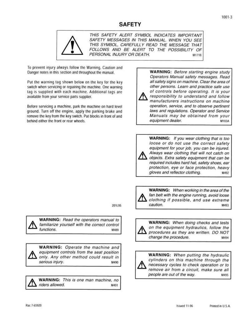 Puede incluir: Una p&aacute;gina del manual de seguridad con advertencias e instrucciones. La p&aacute;gina incluye s&iacute;mbolos de alerta de seguridad y texto sobre la prevenci&oacute;n de lesiones, el funcionamiento de la maquinaria y el uso de equipos de protecci&oacute;n. El texto es negro sobre fondo blanco.