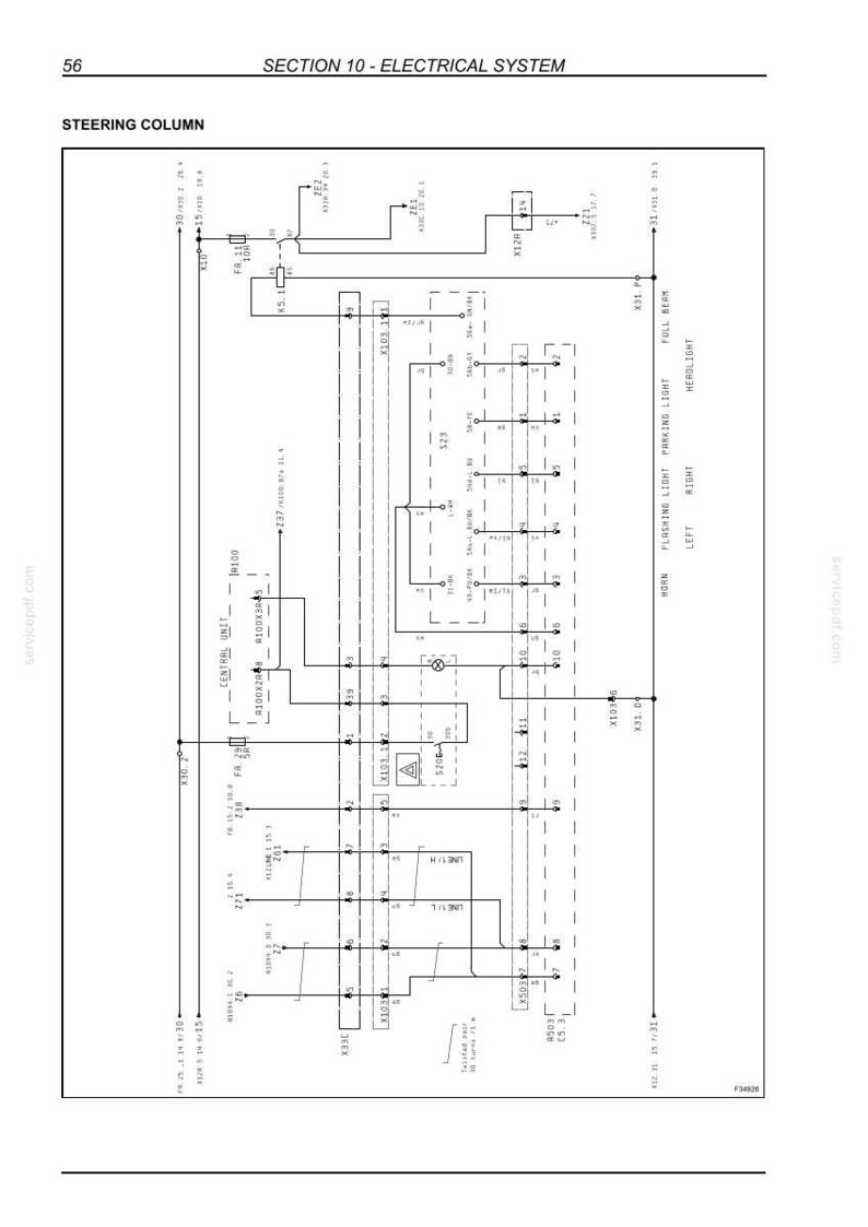 May include: Diagram of a vehicle's electrical system, labeled "SECTION 10 - ELECTRICAL SYSTEM." The diagram includes components like the steering column, horn, lights, and various electrical connections, with text labels and reference numbers.