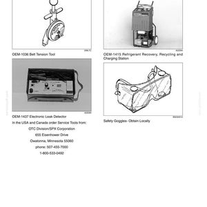 May include: A page featuring line drawings of special tools. Includes an OEM-1036 Belt Tension Tool, an OEM-1415 Refrigerant Recovery, Recycling and Charging Station, an OEM-1437 Electronic Leak Detector, and Safety Goggles.