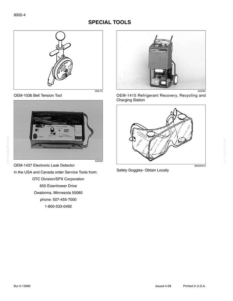 May include: A page featuring line drawings of special tools. Includes an OEM-1036 Belt Tension Tool, an OEM-1415 Refrigerant Recovery, Recycling and Charging Station, an OEM-1437 Electronic Leak Detector, and Safety Goggles.