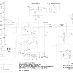 May include: A detailed schematic diagram for MX Series Tractors, including Magnum 215, 245, 275, and 305 models. The diagram illustrates the hydraulic system with suspension control and autoguidance, featuring a legend for pump flow and other components.