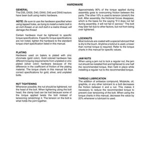 May include: A technical manual page with the title "Technical Information" and the subtitle "Hardware." The page contains detailed information about hardware, including plating, nut tightening, and thread lubrication, with specific instructions and warnings.