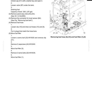 May include: Diagram of a fuel tank with detailed instructions for removal, including loosening valves, removing hoses, and removing the fuel filter. The diagram includes measurements in liters and gallons.