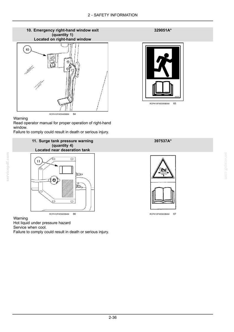 May include: A technical document page titled 2-SAFETY INFORMATION featuring two safety labels. The first shows an emergency window exit mechanism and a corresponding icon. The second displays a surge tank pressure warning with a hazard symbol.