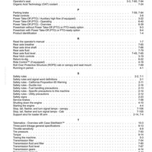 May include: A detailed table of contents from a manual, with a white background and black text. The document lists various topics, including safety rules, engine operation, and maintenance procedures. The page numbers are listed on the right.