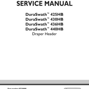 May include: A white service manual cover with the text "SERVICE MANUAL" in large, bold, black letters. Below, the manual lists DuraSwath models 425HB, 430HB, 436HB, and 440HB, and Draper Header. The New Holland Agriculture logo is in the bottom right.