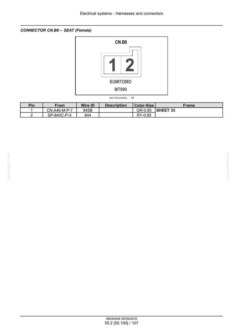 Op de afbeelding: Diagram van een elektrische connector CN.B6, met een diagram van de connector en een tabel met details over pinverbindingen, draad-ID's en kleur-grootte specificaties. De tekst bevat "SUMITOMO" en "MT090".