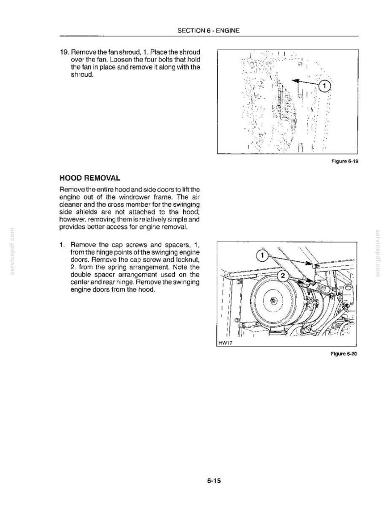 Pu&ograve; includere: Una pagina di manuale tecnico intitolata SECTION 6 - ENGINE, contenente istruzioni per la rimozione del carter della ventola e del cofano. Include due disegni al tratto in bianco e nero, Figure 6-19 e 6-20, che mostrano componenti meccanici numerati.