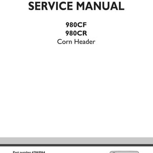 Puede incluir: Una portada de manual de servicio blanca con el texto "SERVICE MANUAL" en letras negras en negrita. Debajo, enumera "980CF", "980CR" y "Corn Header". La parte inferior de la portada incluye el n&uacute;mero de pieza, la edici&oacute;n, la fecha y el logotipo de New Holland Agriculture.