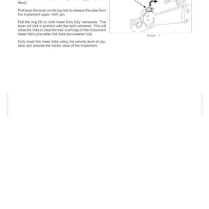 May include: A technical manual page titled 6-WORKING OPERATIONS featuring instructions for Uncoupling Implement from Tractor. It includes a black and white line drawing of a tractor hitch mechanism with a ring labeled 1 and a curved arrow.