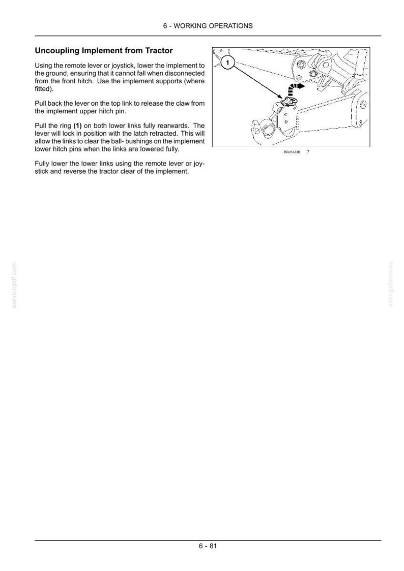 May include: A technical manual page titled 6-WORKING OPERATIONS featuring instructions for Uncoupling Implement from Tractor. It includes a black and white line drawing of a tractor hitch mechanism with a ring labeled 1 and a curved arrow.