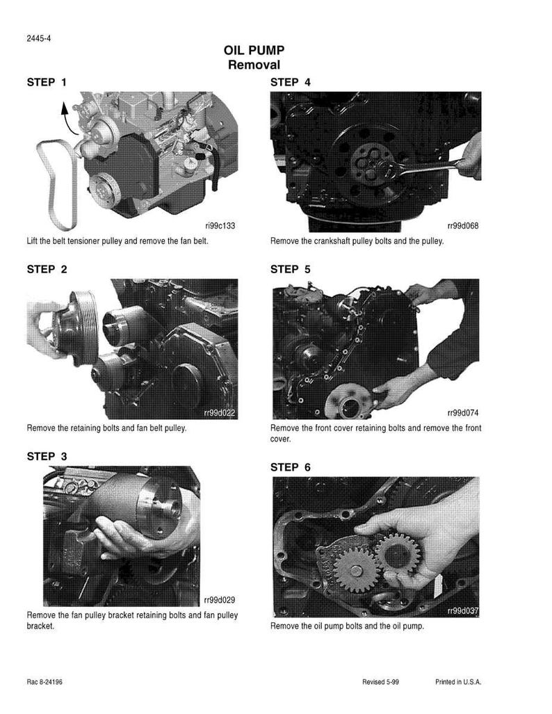 Op de afbeelding: Een zwart-wit diagram dat het proces van het verwijderen van de oliepomp illustreert. De stappen zijn genummerd en tonen verschillende motoronderdelen, waaronder katrollen en bouten. Tekstlabels beschrijven elke stap.