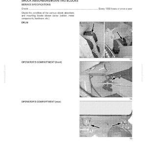May include: A page from a service manual titled "SECTION 5 - MAINTENANCE/ADJUSTMENTS". The page details shock absorbers and mounting blocks, with diagrams and arrows indicating specific components for inspection and maintenance.