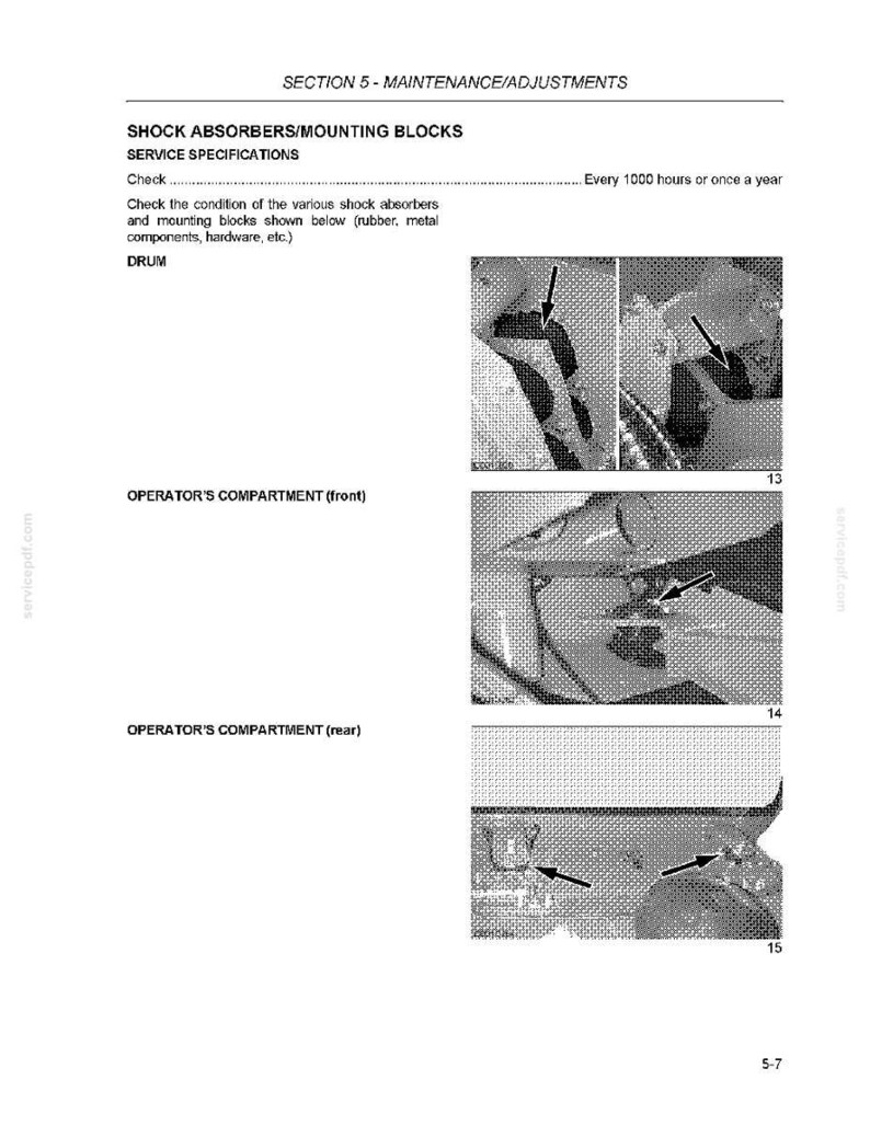 May include: A page from a service manual titled "SECTION 5 - MAINTENANCE/ADJUSTMENTS". The page details shock absorbers and mounting blocks, with diagrams and arrows indicating specific components for inspection and maintenance.
