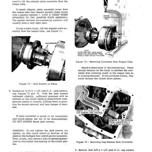 May include: Technical diagram with text and illustrations detailing torque converter removal and installation. Includes close-ups of jack screws, a loading tool, and the converter hub. Instructions and warnings are provided.