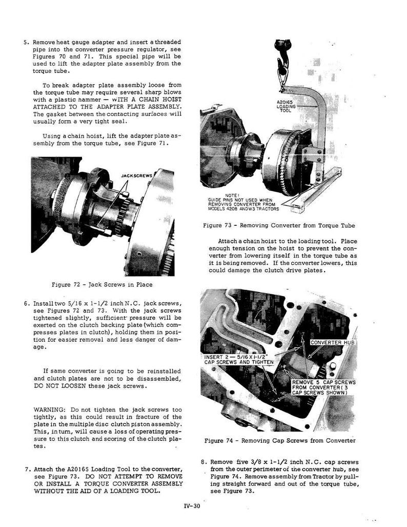 May include: Technical diagram with text and illustrations detailing torque converter removal and installation. Includes close-ups of jack screws, a loading tool, and the converter hub. Instructions and warnings are provided.