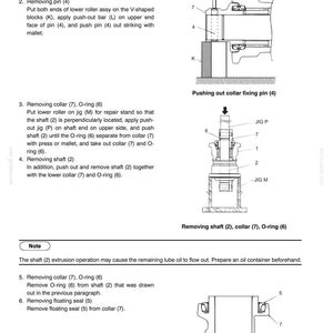 May include: A technical manual page titled 34. TRAVEL SYSTEM 34.1.4.5 DISASSEMBLY AND ASSEMBLY. It features black and white line drawings illustrating the removal of a pin, shaft, collar, O-ring, and floating seal using specific tools and jigs.