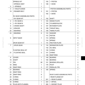 May include: A detailed parts list for a travel system, featuring a table with part numbers, descriptions, and quantities. Includes components like pistons, bearings, and various O-rings. The page number is 34-39.