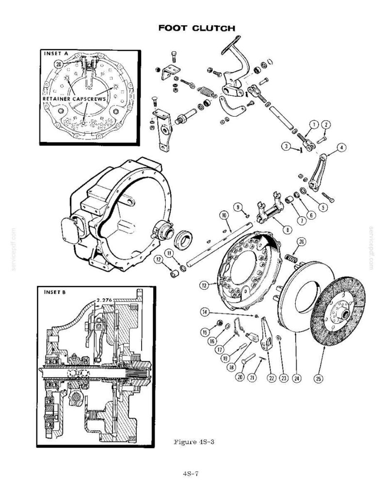 May include: An exploded diagram of a foot clutch assembly, with various components labeled. The diagram includes insets A and B, and the text "FOOT CLUTCH" at the top. The image is in black and white.